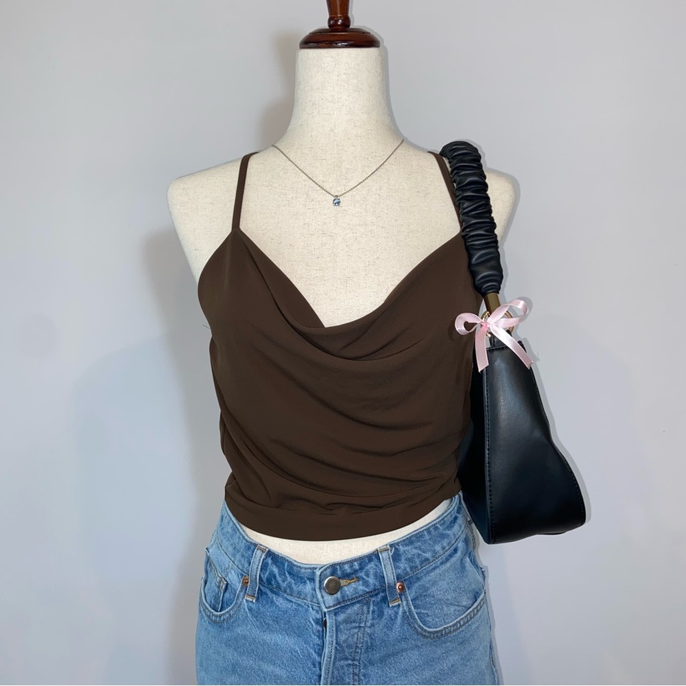 Zara Brown Cowl Neck Spaghetti Strap Cross Back Tank Top Crop Top size Small